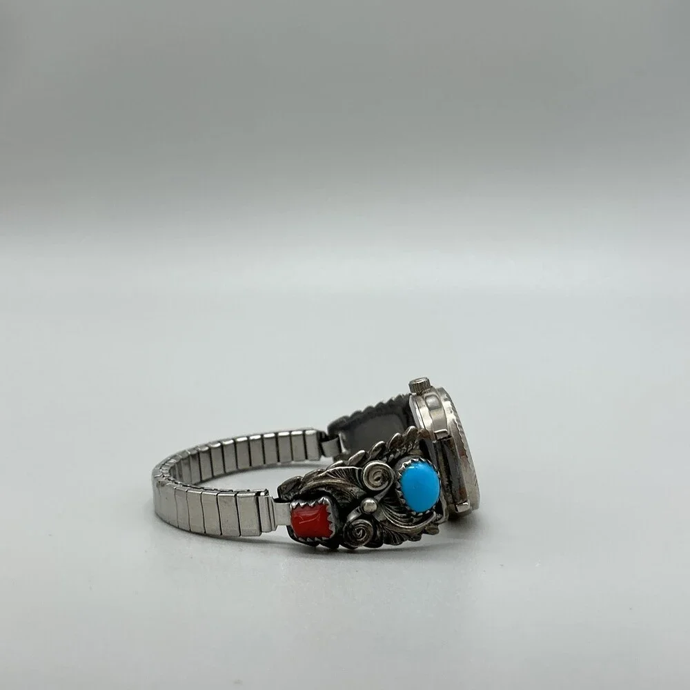 Vtg Quartex Womens Watch 21mm Stamped Sterling Turquoise Coral New Battery